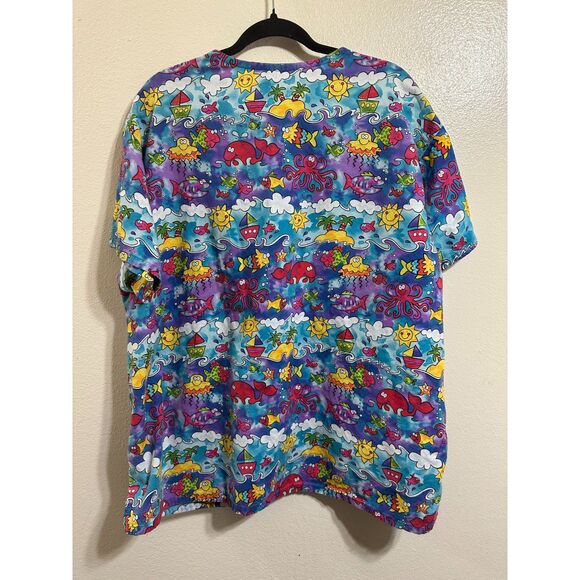 Peaches Day At the Beach Tropical Unisex Scrubs 3-Pocket Front, Size XL - Picture 3 of 3